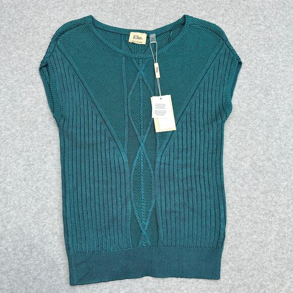 Elie Tahari Pullover Sweater WMNS S Dark Team Textured Ribbed Knit Short Sleeve - Picture 2 of 13